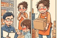 Two-panel store scene: a male employee with glasses talks to a blush-faced customer while a coworker in orange apron looks anxious in the background; shelves with products behind them.