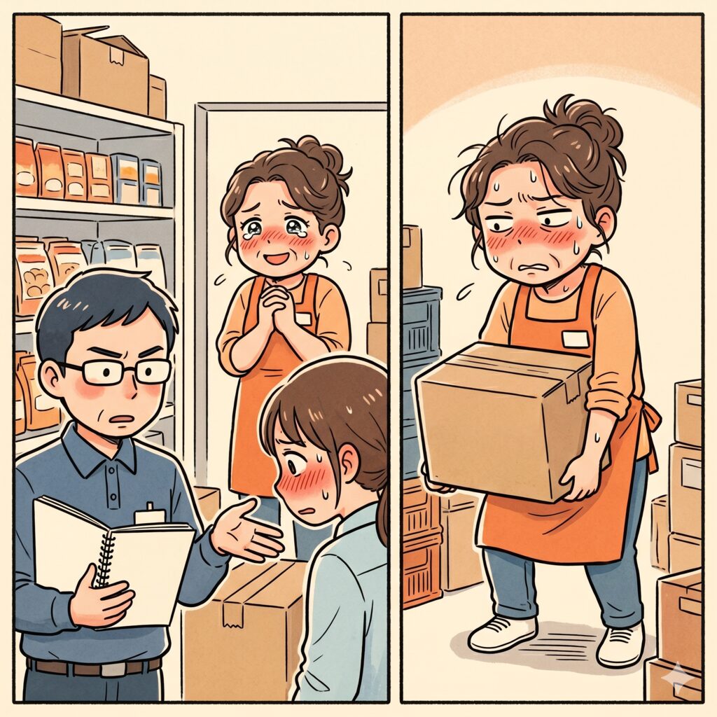 Two-panel store scene: a male employee with glasses talks to a blush-faced customer while a coworker in orange apron looks anxious in the background; shelves with products behind them.