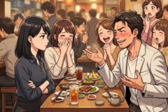 Man in a white blazer jokes animatedly at a crowded restaurant table while others laugh and blush. Drinks and plates of food are on the table.