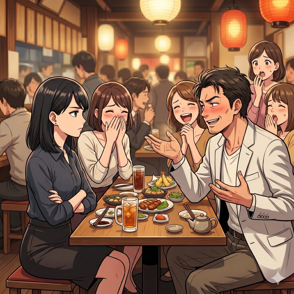 Man in a white blazer jokes animatedly at a crowded restaurant table while others laugh and blush. Drinks and plates of food are on the table.