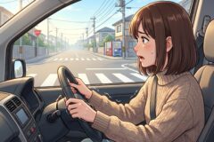 Young woman driving a car, gripping the steering wheel, looking worried on a sunny street with crosswalk ahead, wearing a beige sweater.