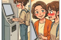 Two-panel cartoon: a young woman at an ATM nervously typing her PIN, blushing and sweating; in the next panel she stands with a smiling friend, both looking at the screen.
