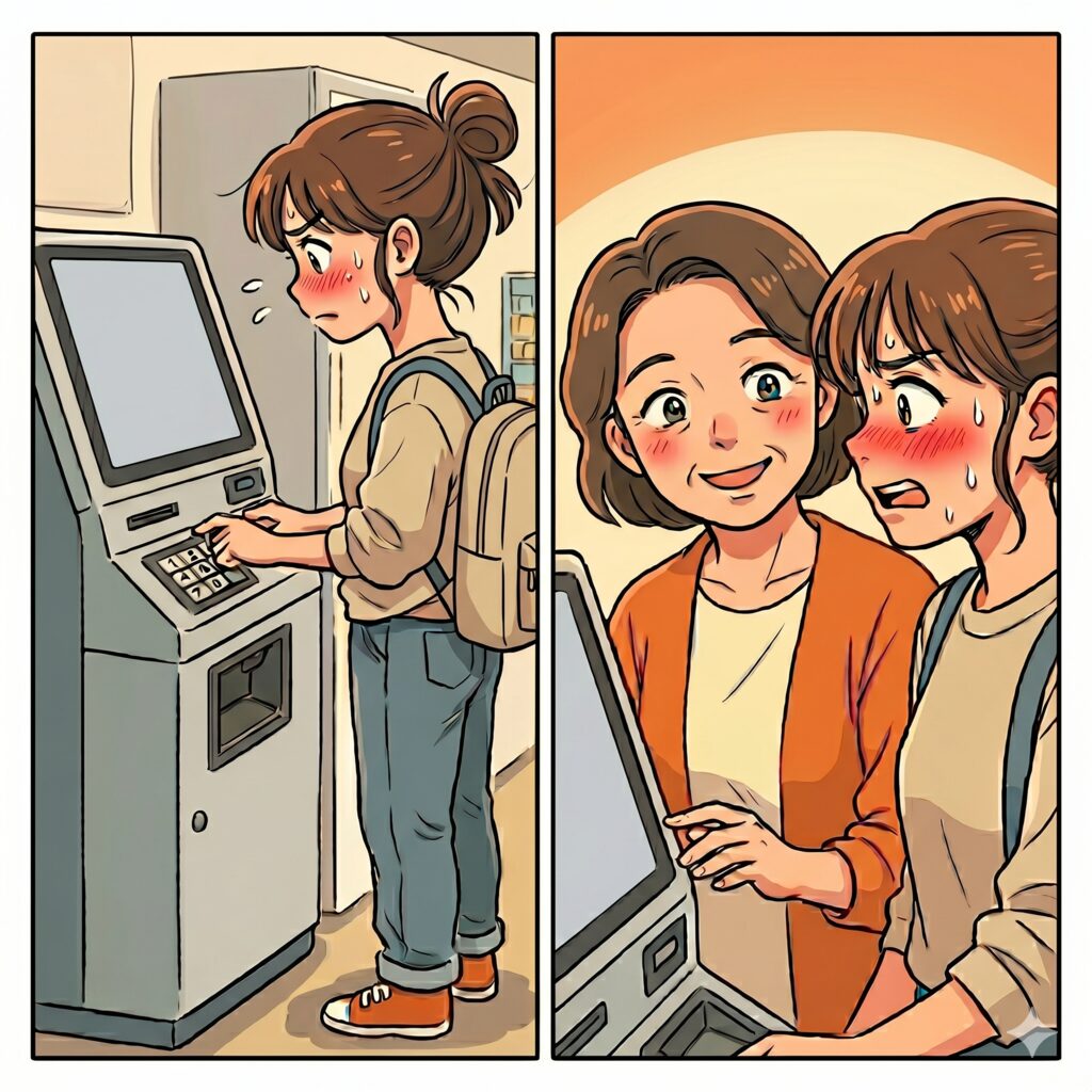 Two-panel cartoon: a young woman at an ATM nervously typing her PIN, blushing and sweating; in the next panel she stands with a smiling friend, both looking at the screen.