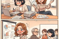 Office scene: a distressed woman checks papers at a cluttered desk as another colleague presents charts and a laptop sits nearby.