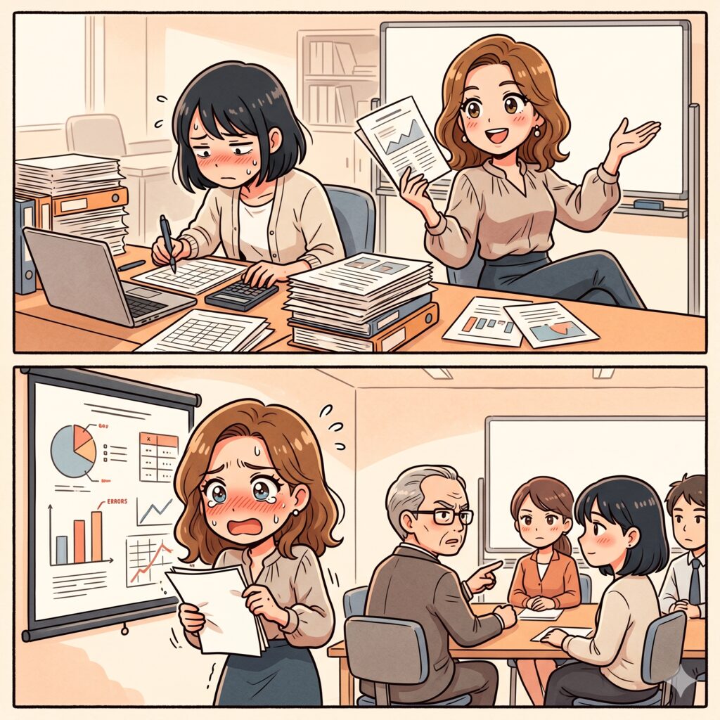 Office scene: a distressed woman checks papers at a cluttered desk as another colleague presents charts and a laptop sits nearby.