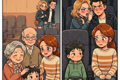 Two-panel cartoon of a family on a plane: left shows grandparents greeting a young boy and his mother; right shows the boy sitting with his mom while a couple nearby blushes and argues.