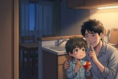 Father kneels beside his young son in a warmly lit kitchen at night, feeding him a bite of apple during a quiet moment.