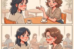 Two women chat in a cozy cafe; the left woman blushes and looks anxious as the other explains with a hand gesture (panel 1).