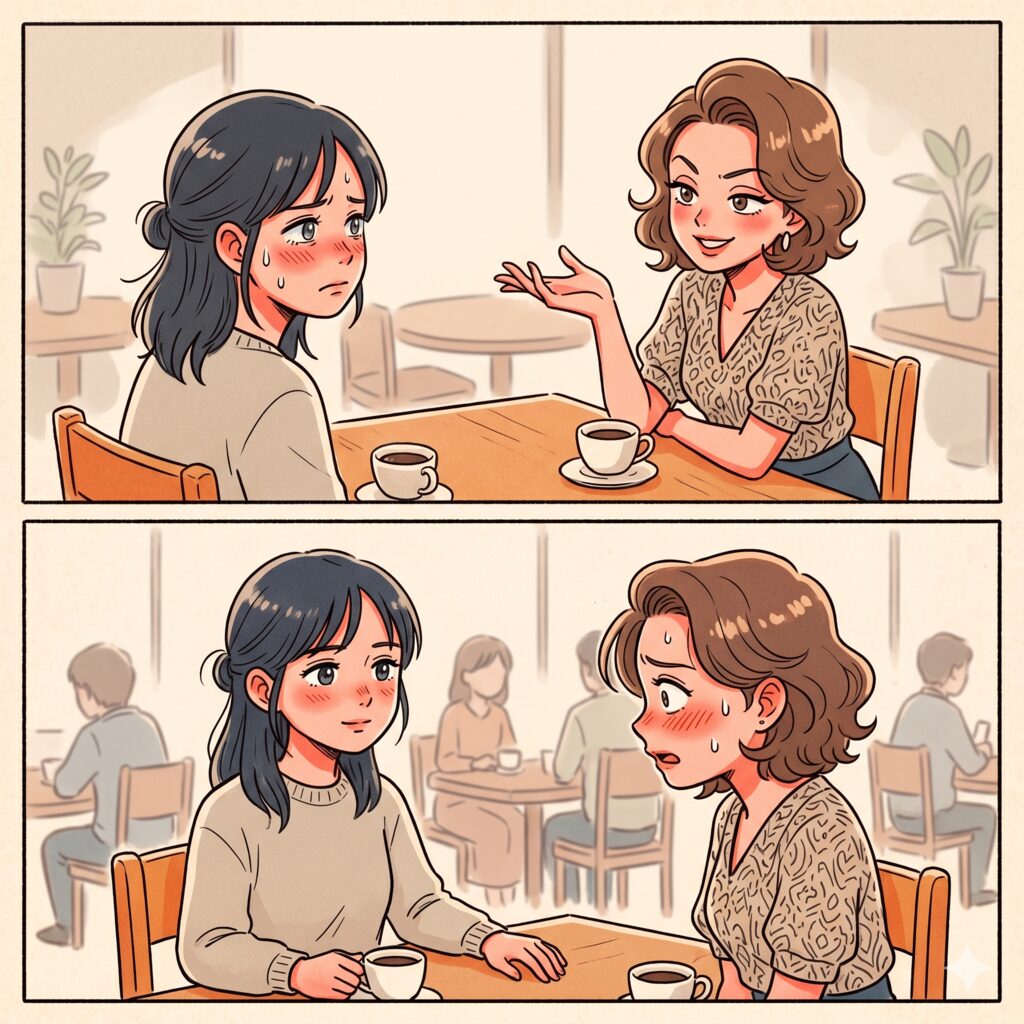 Two women chat in a cozy cafe; the left woman blushes and looks anxious as the other explains with a hand gesture (panel 1).