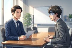 Two businessmen in an office; one calm interviewer in a blue suit holds a folder, while the other tense candidate in a gray suit sweats and fidgets.