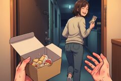 A person in a doorway offers a box of pizza to a brunette woman walking away down a dim hallway at night.