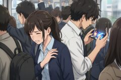 Crowded train interior; a distressed young woman clutches her chest while others stand and hold onto straps.