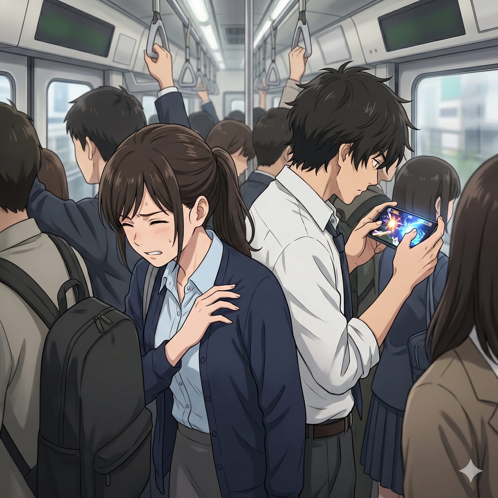 Crowded train interior; a distressed young woman clutches her chest while others stand and hold onto straps.