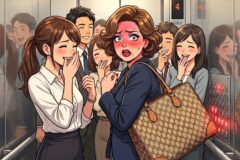 An anxious woman in a navy blazer stands in a crowded elevator, surrounded by laughing coworkers, carrying a large patterned handbag.