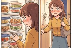 A young woman in a mustard sweater browses pre-packaged foods in a store refrigerator, looking anxious; in the next panel she enters a doorway at home, blushing and holding a tote bag.