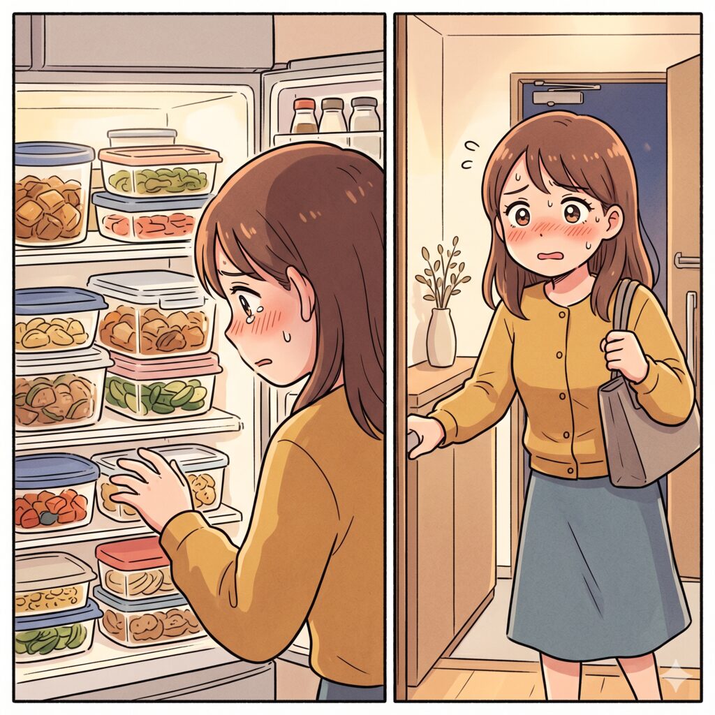 A young woman in a mustard sweater browses pre-packaged foods in a store refrigerator, looking anxious; in the next panel she enters a doorway at home, blushing and holding a tote bag.