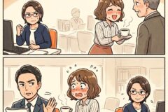 Two-panel office comic: a nervous woman hands a cup of coffee to a smiling man as a skeptical colleague at a computer frowns nearby.