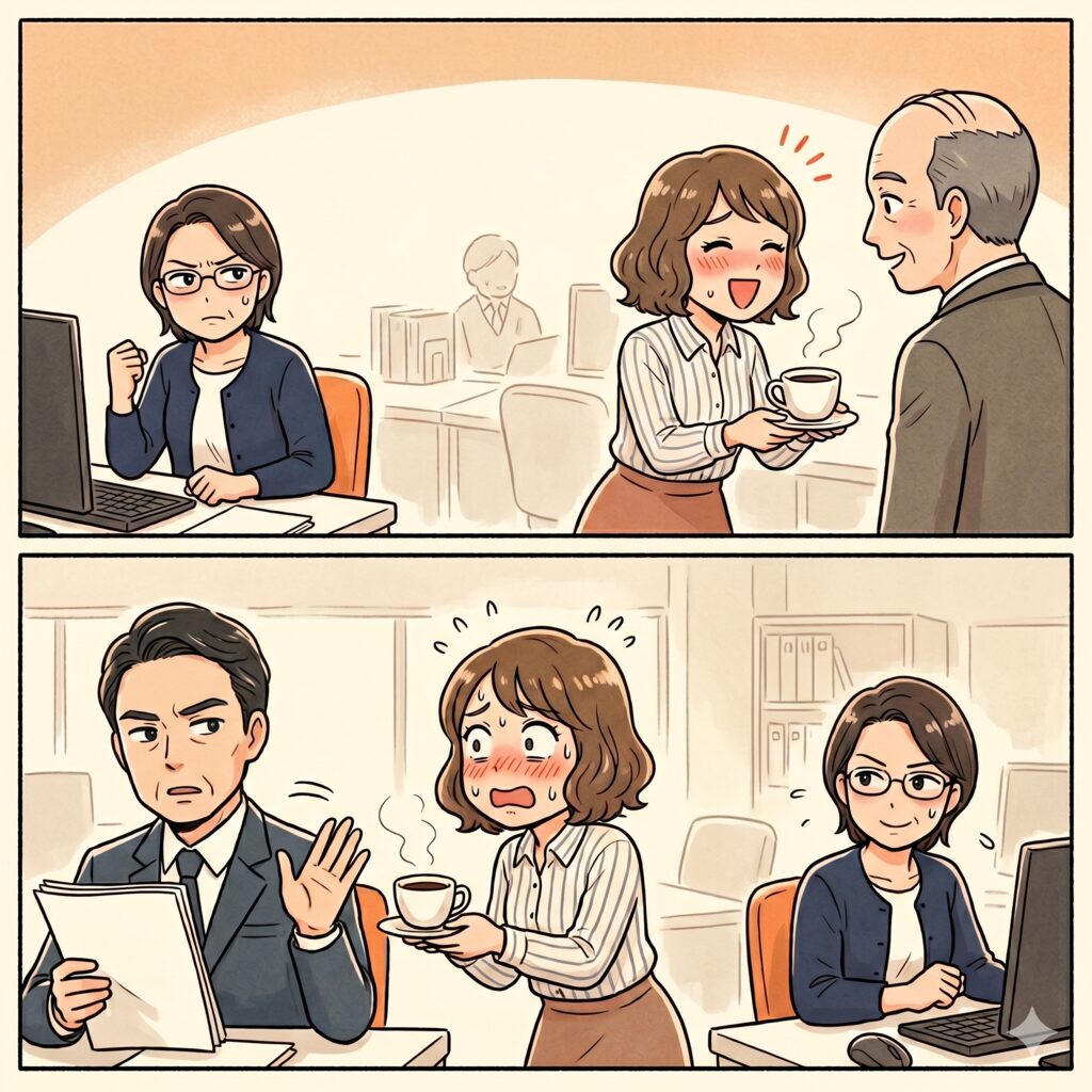Two-panel office comic: a nervous woman hands a cup of coffee to a smiling man as a skeptical colleague at a computer frowns nearby.