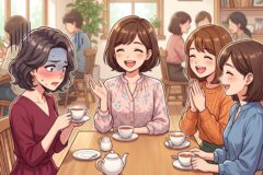 A group of women chatting and laughing at a cafe table with tea cups and a teapot in the foreground.