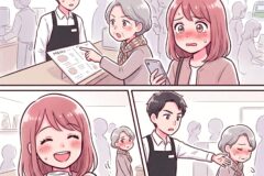 Smiling girl in a cafe holding a takeaway coffee, blushing, with a line of customers and a barista in the background.