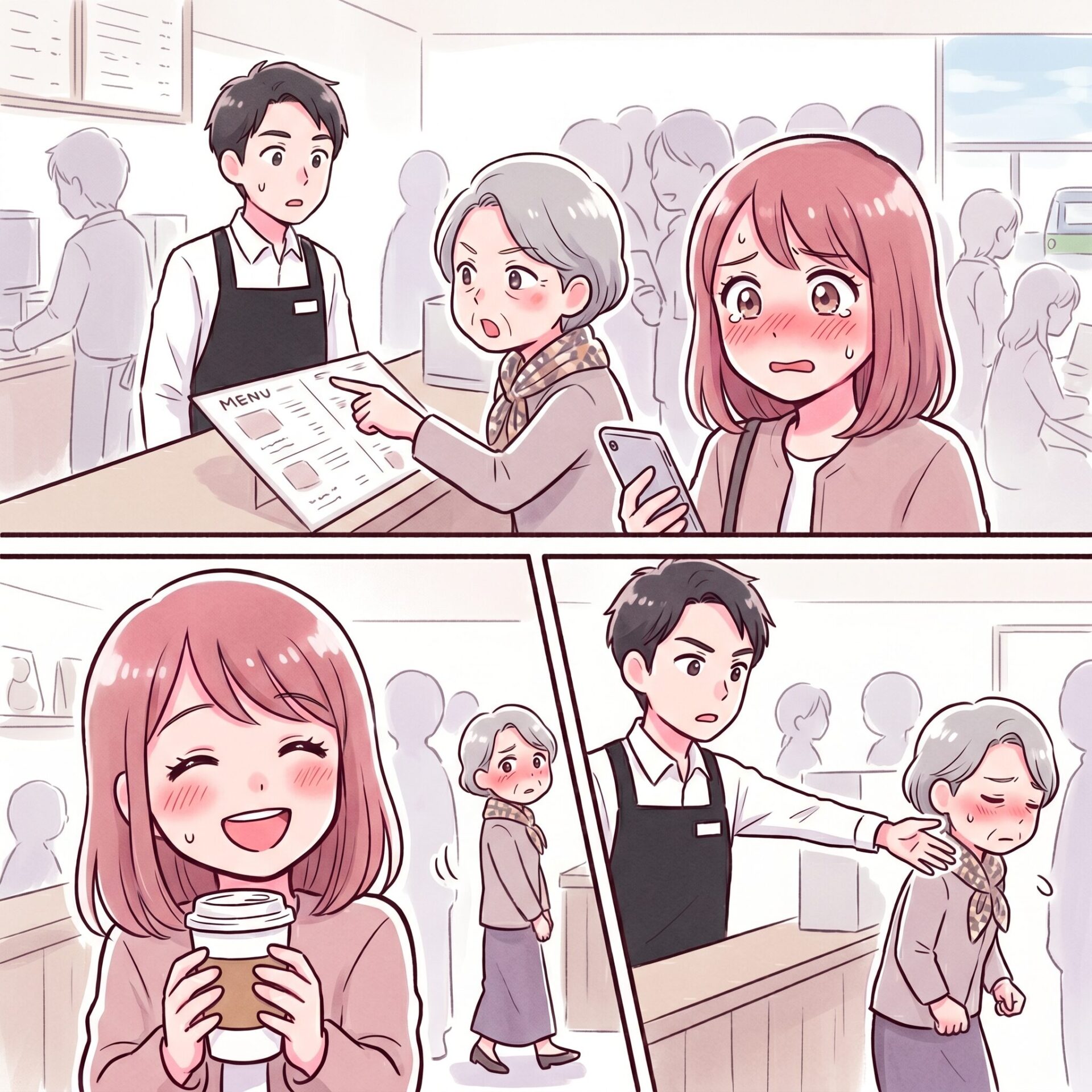 Smiling girl in a cafe holding a takeaway coffee, blushing, with a line of customers and a barista in the background.