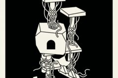 Abstract white geometric shapes with tangled vines on a black background.