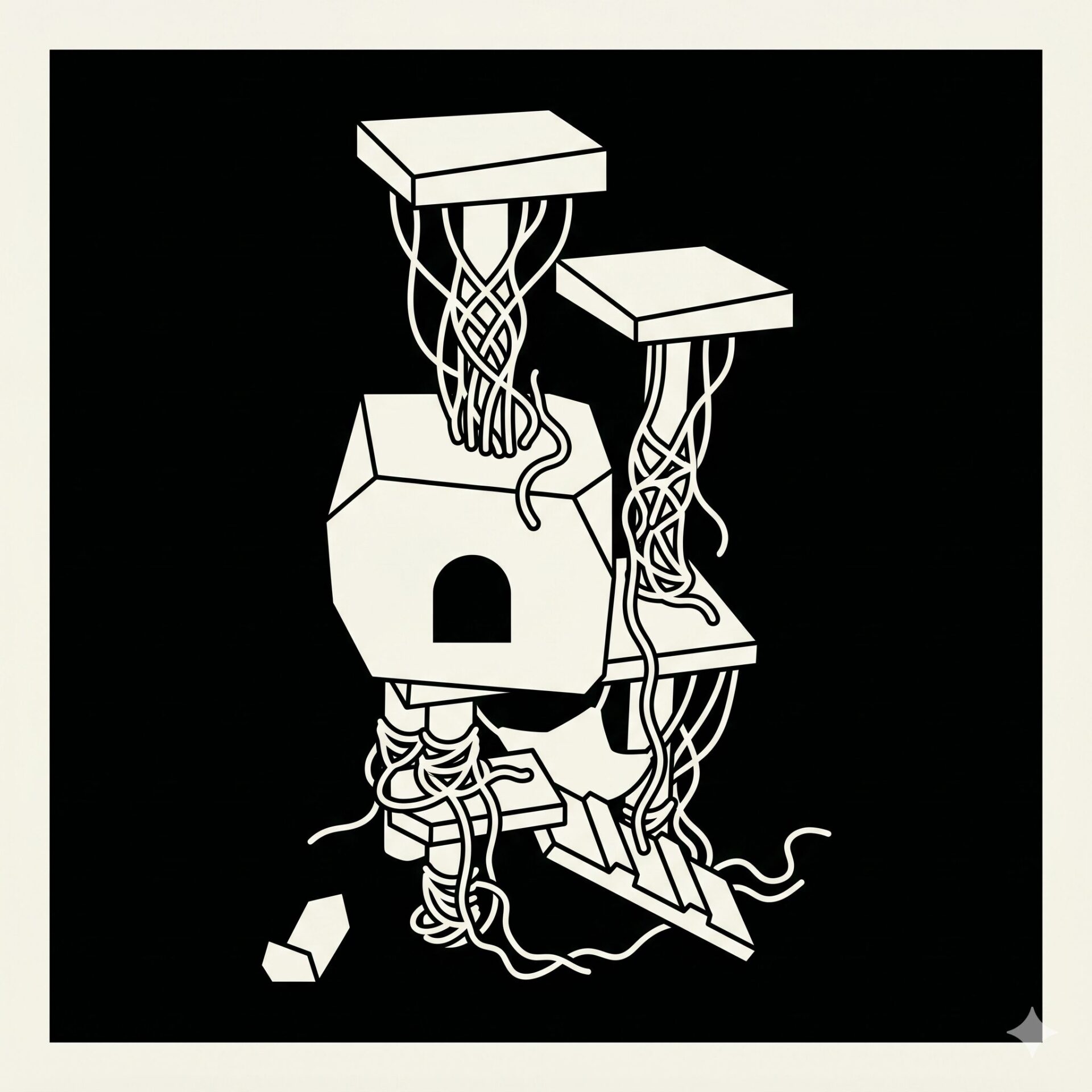 Abstract white geometric shapes with tangled vines on a black background.