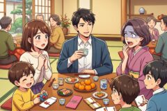 Family gathering around a low table in a traditional Japanese room, sharing snacks and gifts at a festive meal.