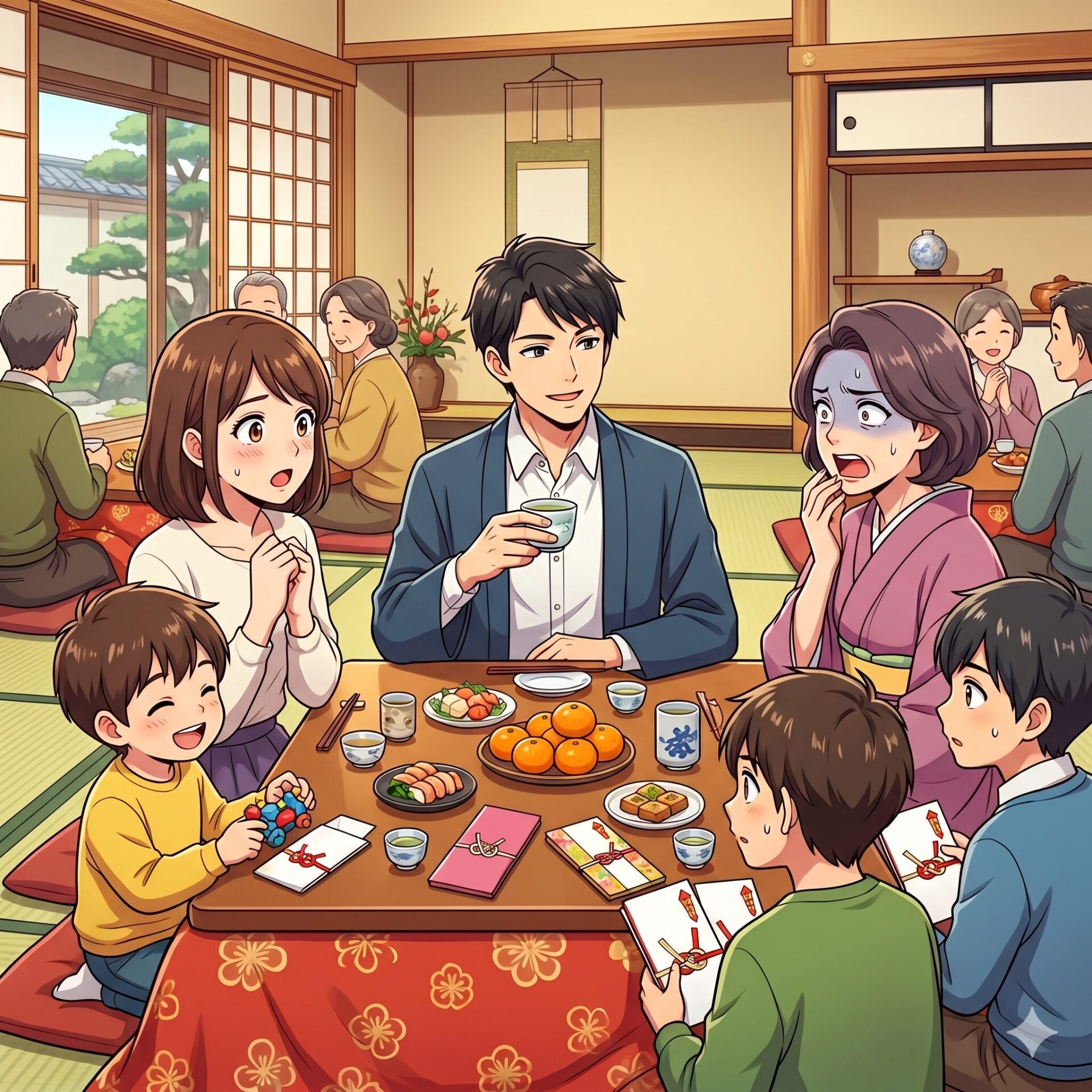 Family gathering around a low table in a traditional Japanese room, sharing snacks and gifts at a festive meal.