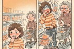 Two-panel cartoon in a grocery store: a young woman blushes and covers her mouth while an old woman pushes a cart behind her; in the next panel the old woman shouts angrily at her.