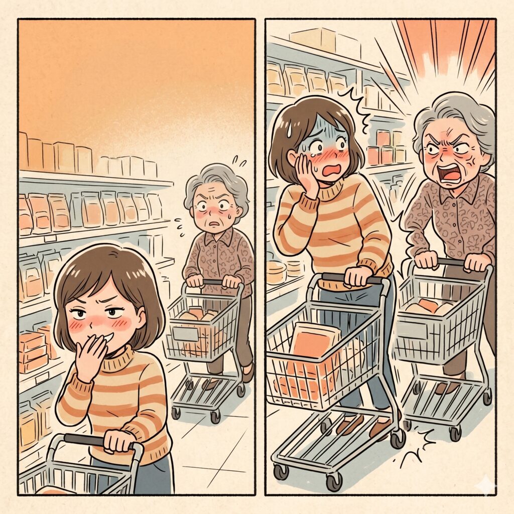 Two-panel cartoon in a grocery store: a young woman blushes and covers her mouth while an old woman pushes a cart behind her; in the next panel the old woman shouts angrily at her.