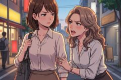 Two women walking on a city street at dusk; the right woman leans in, speaking urgently while gripping the left woman's arm.