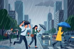 People walk across a rainy city street with umbrellas while tall buildings loom in the background.