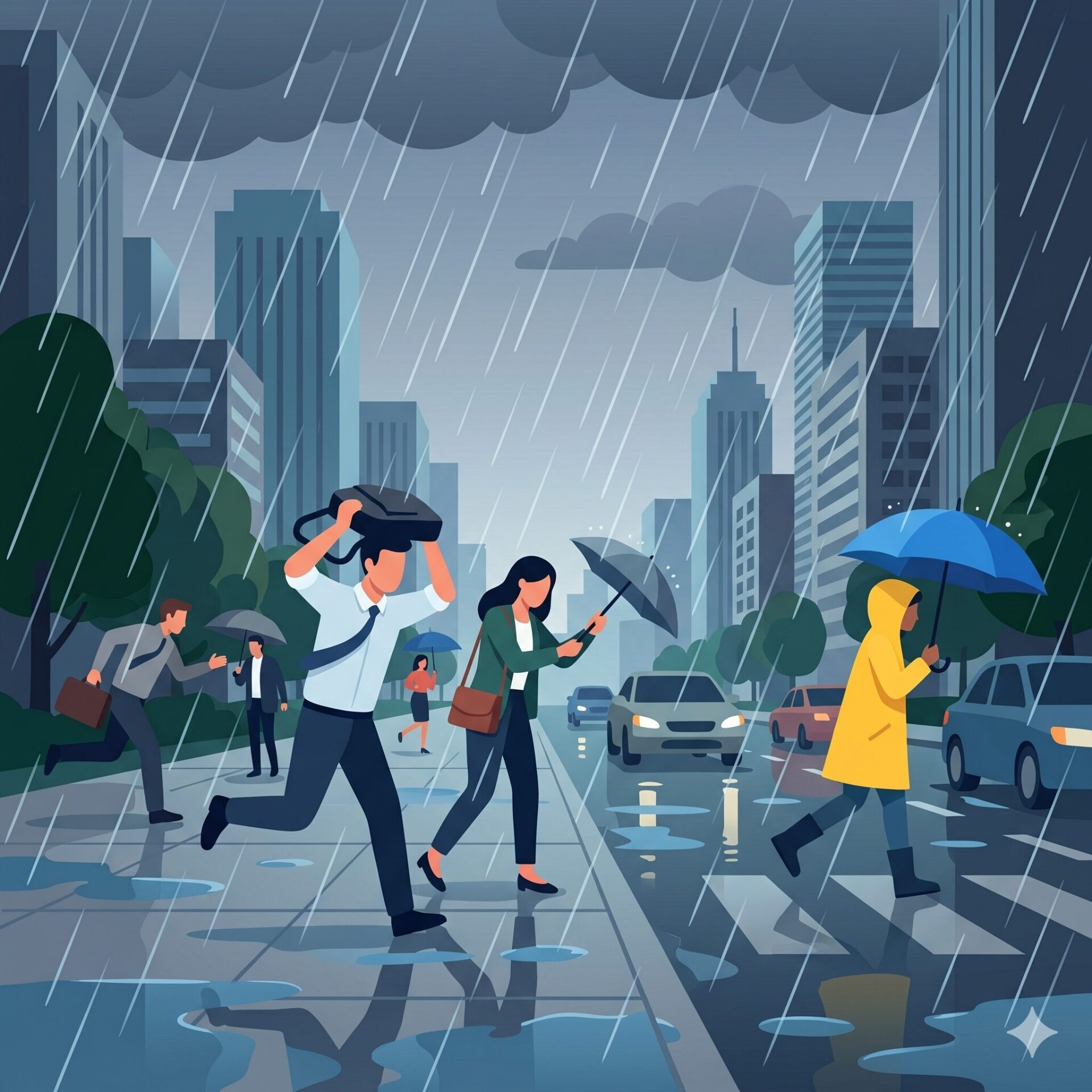 People walk across a rainy city street with umbrellas while tall buildings loom in the background.