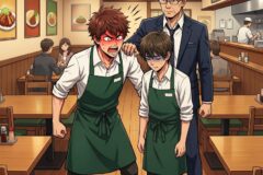 Angry waiter shouts at a coworker in green apron while a stern boss places a reassuring hand on the younger worker in a restaurant.