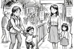 A busy outdoor scene with a mother holding her excited young son's hand while a smiling woman and a little girl stand nearby, among other people in the background at a park-like entrance.
