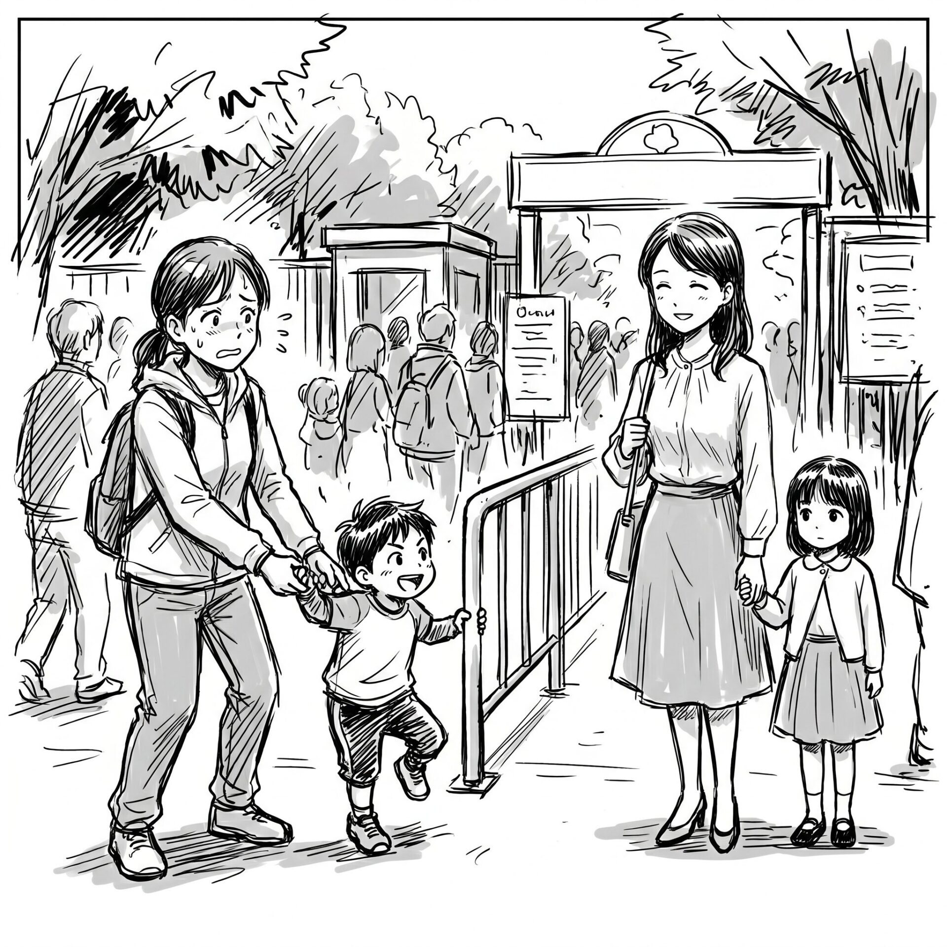 A busy outdoor scene with a mother holding her excited young son's hand while a smiling woman and a little girl stand nearby, among other people in the background at a park-like entrance.