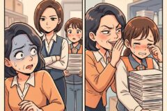 Two-panel comic: a frightened woman in an orange cardigan pressed by anxious coworkers in a storage-room setting (panel 1). Panel 2 shows a sympathetic colleague comforting a crying teammate while she carries a tall stack of papers.