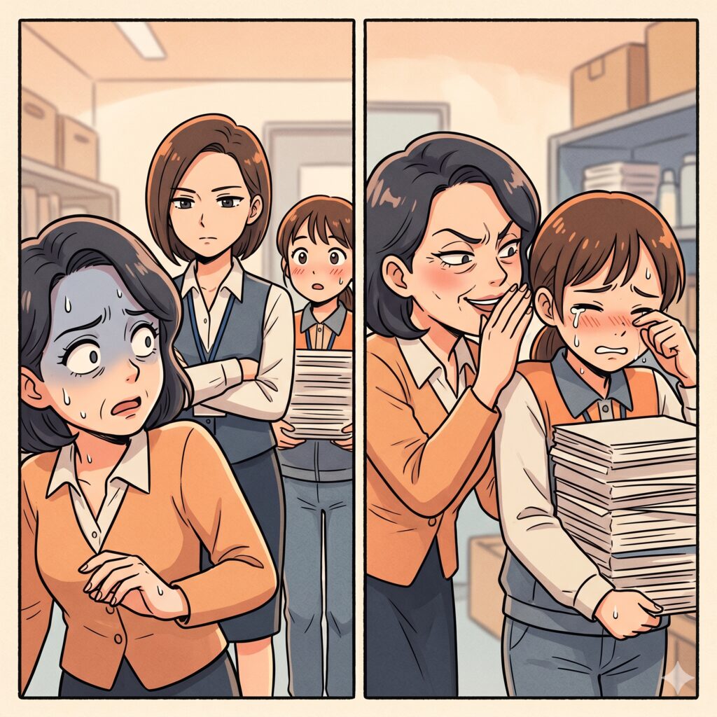 Two-panel comic: a frightened woman in an orange cardigan pressed by anxious coworkers in a storage-room setting (panel 1). Panel 2 shows a sympathetic colleague comforting a crying teammate while she carries a tall stack of papers.