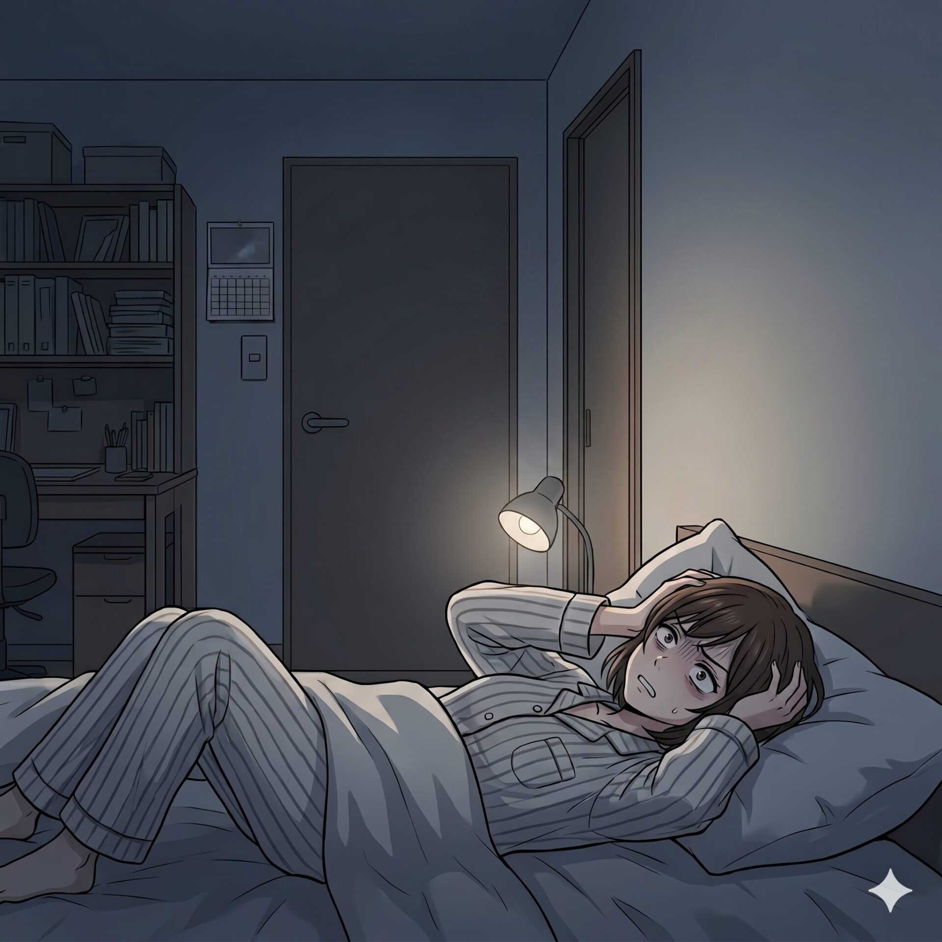 Person in striped pajamas lies in bed in a dimly lit bedroom, hands on head with a worried expression.