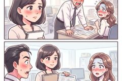 In an office, a furious manager leans over a desk while two female coworkers react with worry and tears (top panel).