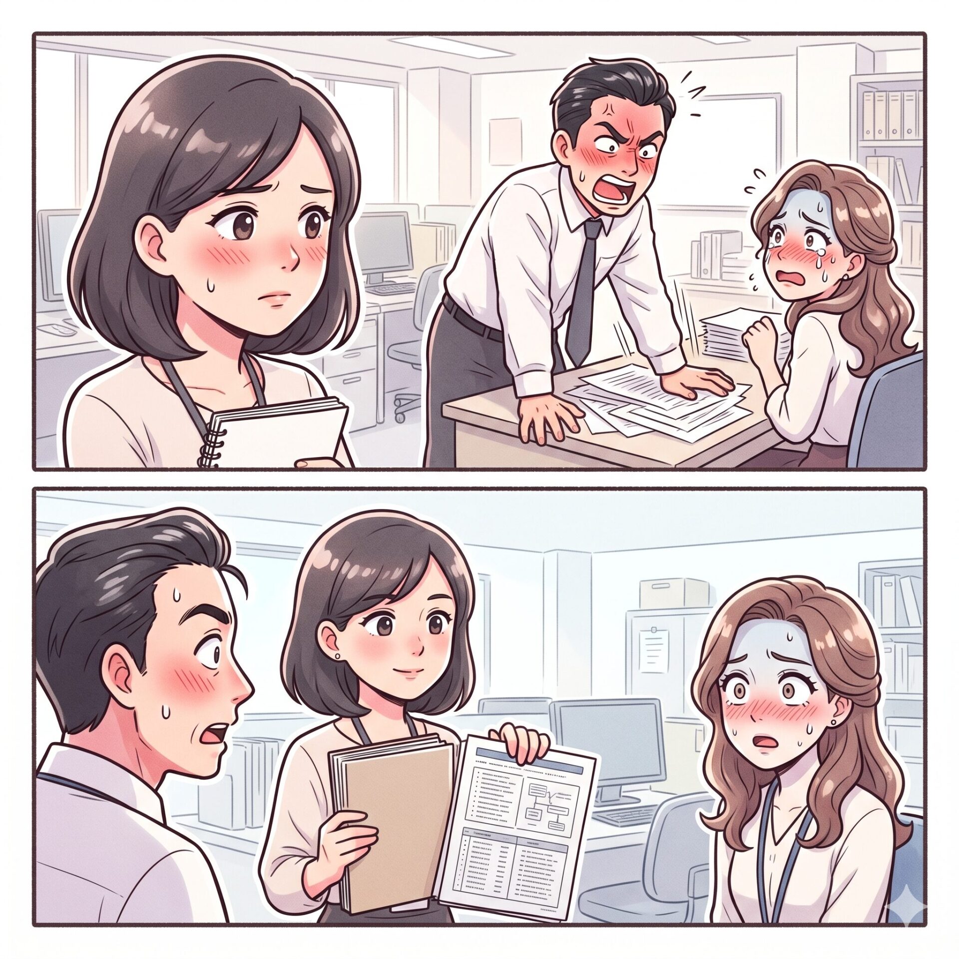 In an office, a furious manager leans over a desk while two female coworkers react with worry and tears (top panel).