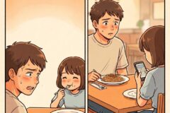 Two-panel scene: left shows a worried father and young daughter at a table; right shows the daughter presenting a smartphone to two surprised adults across the table with a plate of spaghetti nearby.