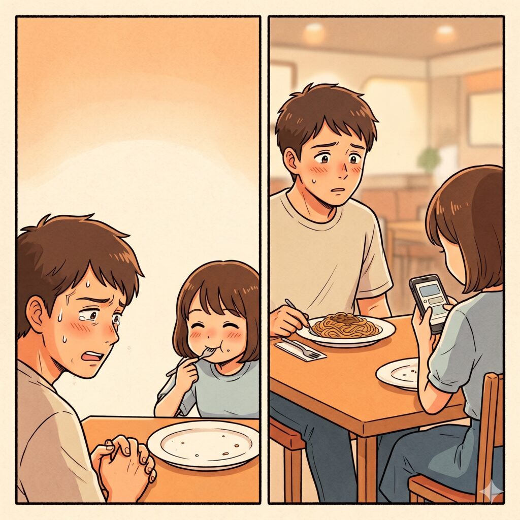 Two-panel scene: left shows a worried father and young daughter at a table; right shows the daughter presenting a smartphone to two surprised adults across the table with a plate of spaghetti nearby.