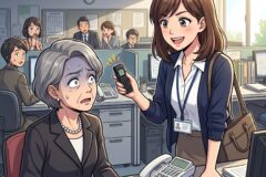 Young woman in office hands a small voice recorder to an anxious senior colleague at a cluttered desk; coworkers react in the background.