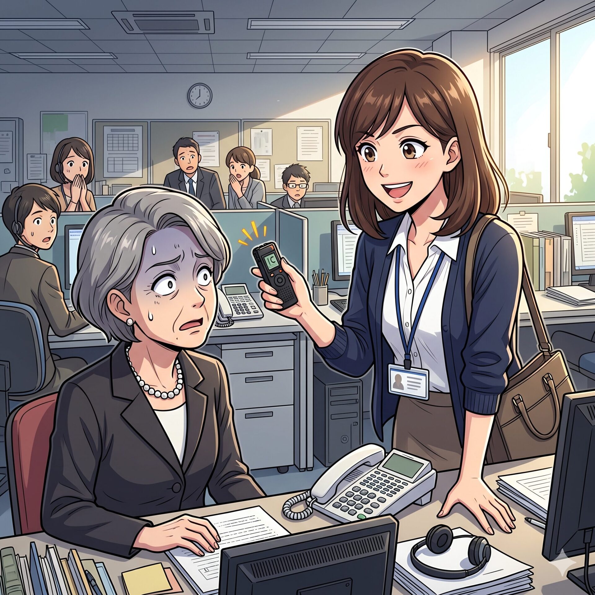 Young woman in office hands a small voice recorder to an anxious senior colleague at a cluttered desk; coworkers react in the background.