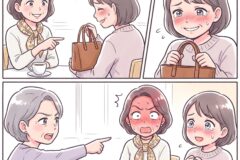Four-panel cafe comic: two women chat; the one on the left points at the other woman’s brown handbag, causing her to blush. A close-up shows her gripping the bag. In the final panel, a gray‑haired woman angrily points at the blushing woman while the third woman looks on, surprised.