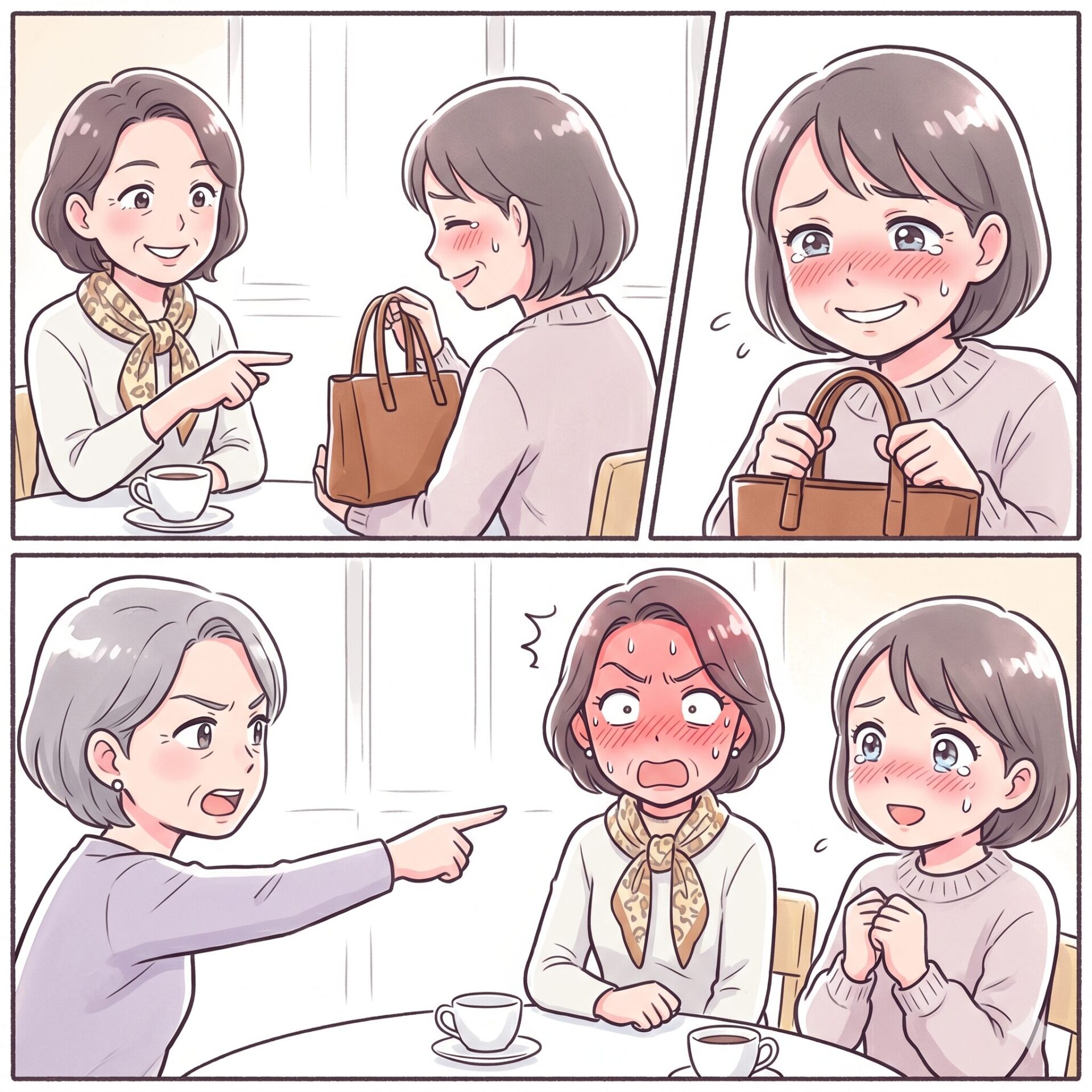 Four-panel cafe comic: two women chat; the one on the left points at the other woman’s brown handbag, causing her to blush. A close-up shows her gripping the bag. In the final panel, a gray‑haired woman angrily points at the blushing woman while the third woman looks on, surprised.