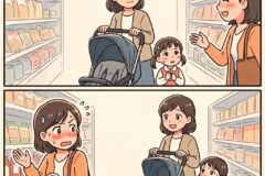 Two-panel cartoon: in a supermarket, a mother with a stroller and her young daughter talk to a smiling shopper in panel 1; in panel 2 the mother looks surprised while the shopper and child listen.