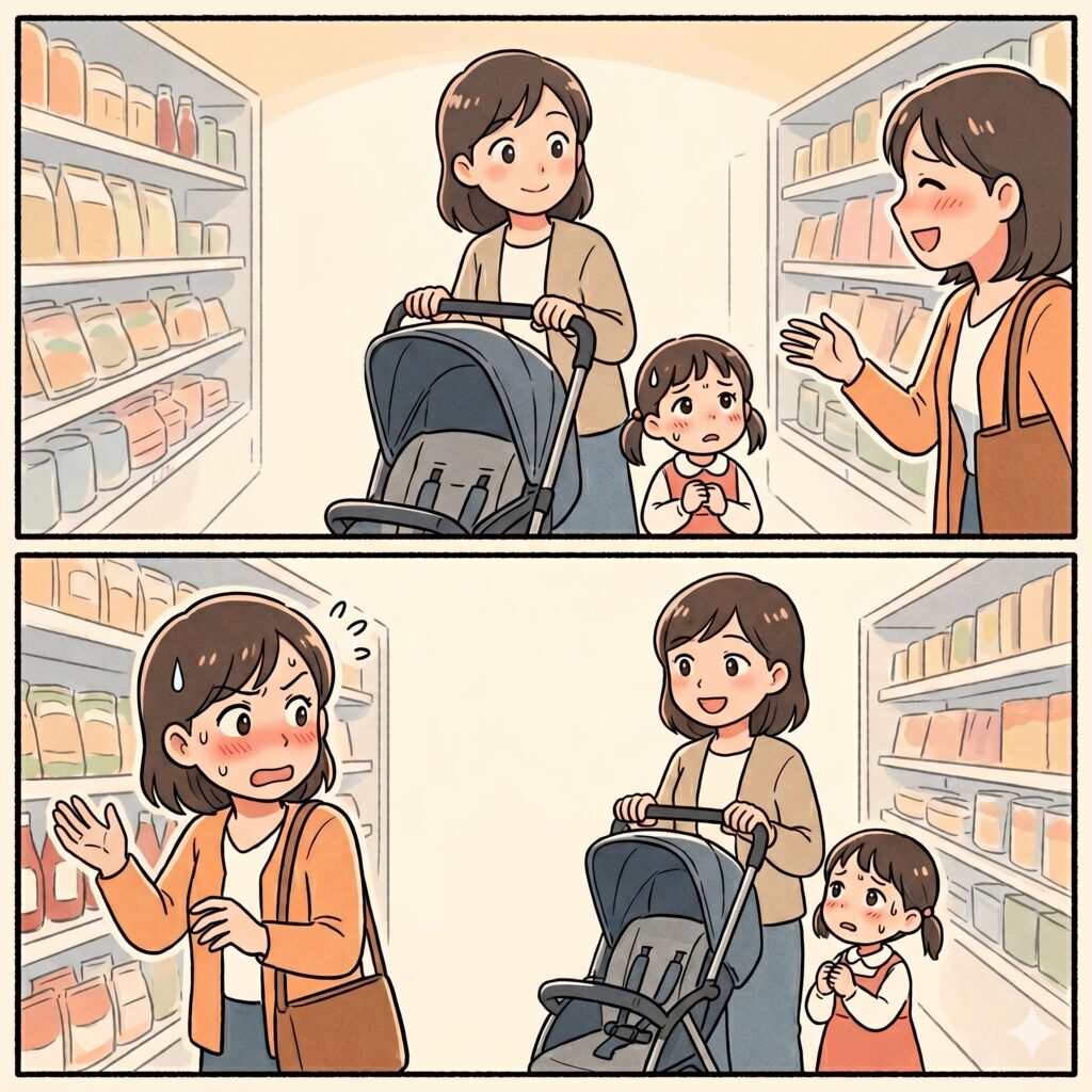 Two-panel cartoon: in a supermarket, a mother with a stroller and her young daughter talk to a smiling shopper in panel 1; in panel 2 the mother looks surprised while the shopper and child listen.